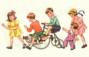 A group of children, one on a bike, and a dog A group of children, one on a bike, and a dog