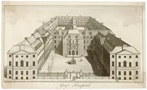 Prints of A general external view of the buildings which make up Guys Hospital Hospital Prints: Mid 18th Century Print of Guys Hospital Exterior