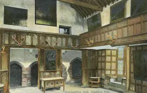 Prints of Haddon Hall - a stunning English Tudor country house on the River Wye at Bakewell, Derbyshire, one of the seats of the Duke of Rutland. The Banqueting Hall. Date: circa 1906 Rutland Prints: Haddon Hall - The Banqueting Hall Print circa 1906