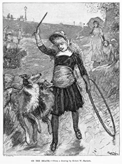 Hampstead Heath Print: A girl with a hoop throws a stick for her hounds