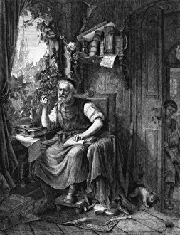 Prints of HANS SACHS German shoemaker of Nurnberg, poet and meistersinger, author of 6000+ works : he supported Luther and the Reformation. Date: 1494 - 1576 Hans Sachs Prints: Hans Sachs at Work Print: 16th Century German Meistersinger