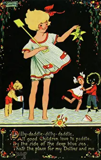 Art Deco Print: Happy Land Young Girl and Her Dolls