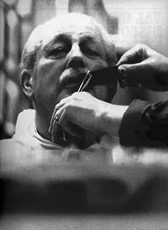 Prints of Candid photograph of Harold Macmillan at Toppers Barbers Shop in Bond Street. Date: 1966 Harold Macmillan Prints: Harold Macmillan at Toppers Barbers Shop Print, 1966
