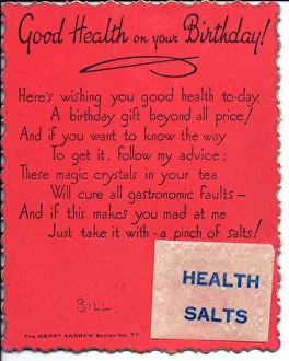 Health salts with comic verse on a birthday card Health salts with comic verse on a birthday card