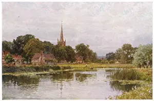 Prints of Hemingford Abbots, Cambridgeshire (formerly Huntingdonshire), on the River Ouse Cambridgeshire Prints: Hemingford Abbots Print, 1909 Watercolour of a Cambridgeshire Village
