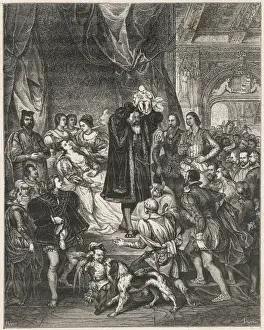 Prints of HENRI IV, KING OF FRANCE his birth : his mother, Jeanne d Albret, queen of Navarre, is surrounded by courtiers, but the jester doesn t seem at all interested, nor does the dog Royalty Prints: Henri IV Print: A Young King at Birth