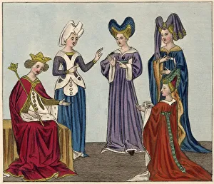 High-waisted houppelandes (gowns) with turned-down collars, V'-necks High-waisted houppelandes (gowns) with turned-down collars, V'-necks