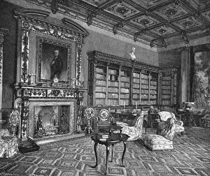 Prints of A corner of the library at Highclere Castle, showing the chimney piece from Greenwich Palace. Date: 1889 Palace Prints: Highclere Castle Library Print, 1889