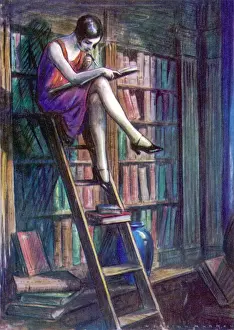 Higher Education A Blue Stocking Reads in a Library Print