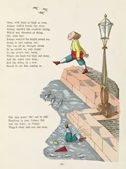 Prints of THE STORY OF JOHNNY HEAD-IN- AIR Johnny falls into the river, much to the bewilderment of the fish Related Prints: Print of Johnny Head-in-Air Falling into the River