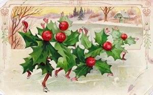 Holly in skating scene on a Christmas postcard Holly in skating scene on a Christmas postcard