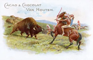 Horseback Red Indian hunting buffalo with bow and arrow Horseback Red Indian hunting buffalo with bow and arrow