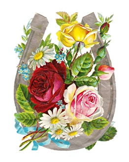 Horseshoe with roses and daisies on a Victorian scrap Horseshoe with roses and daisies on a Victorian scrap