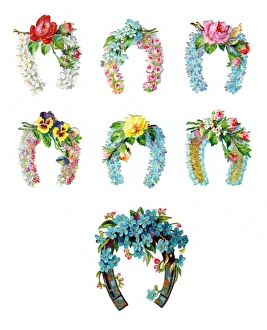 Horseshoes and flowers on seven Victorian scraps Horseshoes and flowers on seven Victorian scraps