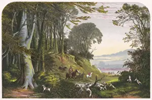 Print of Huntsmen and Hounds in a Woodland Clearing, circa 1850