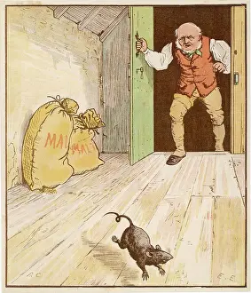 Print of a rat eating malt in a house
