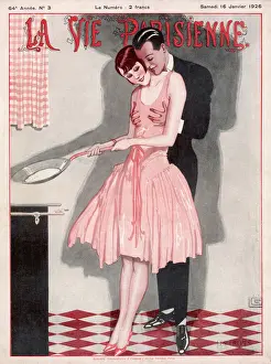 Young Couple Cooking Prints: Hugging Couple / Kitchen