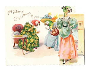 Humanised parrots on a Christmas card Humanised parrots on a Christmas card