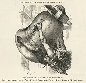 Prints of Quasimodo swings from the bell Notre Dame De Paris Prints: Hunchback of Notre Dame Print: Quasimodo Swings from Bell