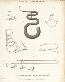 Hunting horns, serpent, French horn, bugle and trombone Hunting horns, serpent, French horn, bugle and trombone