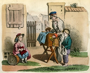Hurdy Gurdy man and boy with rich girl and doll Hurdy Gurdy man and boy with rich girl and doll