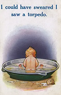 Prints of Humorous First World War postcard showing a small boy in the bath wondering where that torpedo has gone. Date: 1916 World War I Prints: WW1 Humorous Postcard Print: I Could Have Sworn