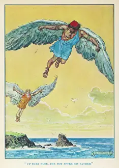 Prints of Daedalus encouraged his son Icarus to fly from the island of Crete to the sun. But the sun melted the wax with which his wings were fastened on and Icarus fell into the sea Greece Prints: Icarus and Daedalus Print