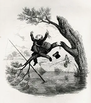 Illustration, Fisherman about to fall into the water Illustration, Fisherman about to fall into the water