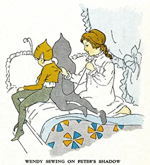 Illustration, Wendy sewing on Peter Pan's shadow Illustration, Wendy sewing on Peter Pan's shadow