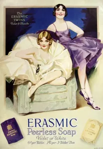 Prints of Advertisement from 1929 for Erasmic soap featuring The Erasmic Twins, Violet and Blanche ILN Prints: 1929 Erasmic Soap Print featuring The Erasmic Twins