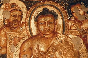 INDIA. Ajanta. Ajanta Caves. Detail of face of Buddha INDIA. Ajanta. Ajanta Caves. Detail of face of Buddha