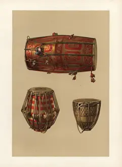 Chromolithograph Art Prints: Indian percussion instruments: tabla, m ridang and nahabat