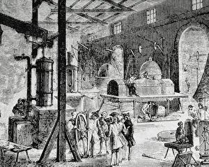 Prints of Industrial Revolution. London. Interior of an English factory. Late 18th century. Nineteenth-century Industrialist Prints: Late 18th Century English Factory Print