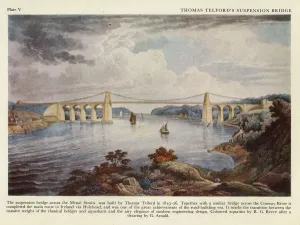 Prints of The suspension bridge across the Menai Straits, built by Thomas Telford in 1819-1826. Together with a similar bridge across the Conway River it completed the main route to Ireland via Holyhead Map Prints: Telford's Menai Suspension Bridge Print, 1826