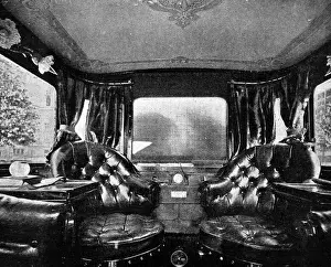 Prints of Photograph showing the plush interior of the Marquis of Angleseys new Pullman Mors car, which included polished mohogany, revolving leather arm chairs and heating Related Image Prints: Interior of a New Pullman Mors Car Print