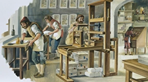 Interior of a printing press in the early modern Interior of a printing press in the early modern