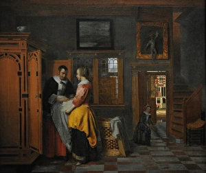 Interior with Women beside a Linen Cupboard, 1663, by Pieter Interior with Women beside a Linen Cupboard, 1663, by Pieter