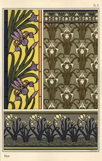 Prints of The iris in various patterns for stained glass, wallpaper and fabrics Eugene Grasset Prints: Art Nouveau Print of Iris in Stained Glass Patterns