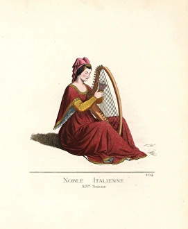 Italian noble woman playing a harp, 14th century Italian noble woman playing a harp, 14th century