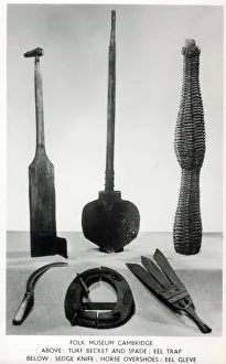 Items from the Folk Museum, Cambridge including an eel trap Items from the Folk Museum, Cambridge including an eel trap