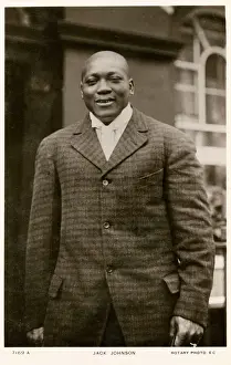 Prints of JOHN ARTHUR JACK JOHNSON American boxer, known as the Galveston Giant : first black heavyweight champion of the world. Date: 1878 - 1946 John Johnson Prints: Jack Johnson Print: First Black Heavyweight Champion