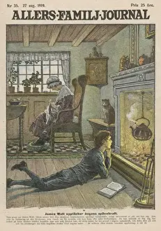 Prints of JAMES WATT as a boy, he notices the force of steam in the family kettle, and this starts him thinking James Watt Prints: Print of James Watt as a Boy Observing Steam