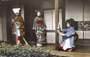 Japan - Geisha Girl - posing at home with two house staff Japan - Geisha Girl - posing at home with two house staff