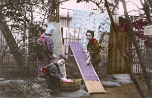 Japan - Three Japanese women washing patterned fabric strips Japan - Three Japanese women washing patterned fabric strips
