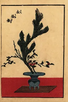 Japanese flower arrangement with pine, plum and carnation Japanese flower arrangement with pine, plum and carnation