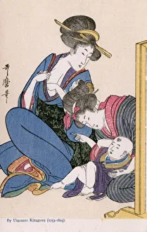 Japanese Mother prepares to feed her baby by Kitagawa Japanese Mother prepares to feed her baby by Kitagawa
