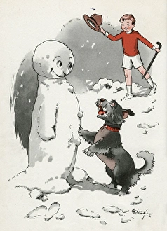 Jeek the puppy with Jacky and a snowman Jeek the puppy with Jacky and a snowman