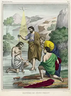 Prints of John baptises Jesus while the Holy Dove hovers overhead : both John and the kneeling Jesus seem to be on the surface of the river Jordan Related Prints: Print of Jesus Baptised by John in the River Jordan