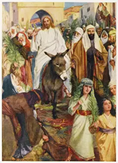 Prints of Jesus, riding a donkey, enters Jerusalem Donkey Prints: Print of Jesus riding a donkey into Jerusalem