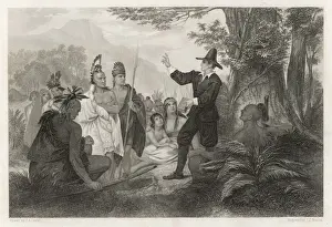 17th Century American History Prints: John Eliot preaching to Native Americans